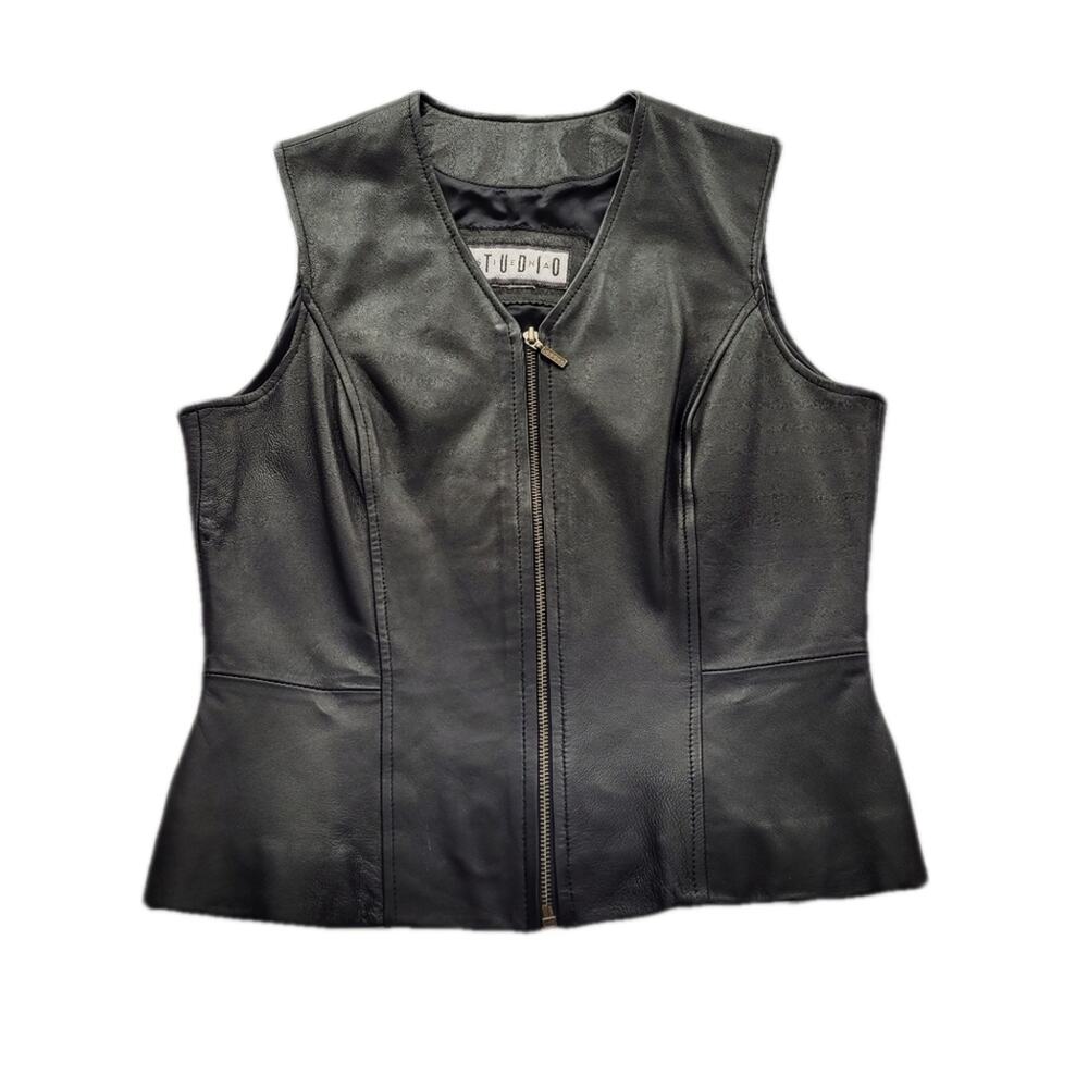 Siena Studio Black Zip Front Leather Vest size M/L